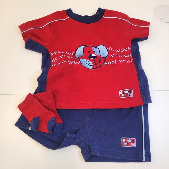 Vintage Toddler Outfit Red Blue Dog Woof Shirt Shorts Socks Set Size 3-6M - Picture 1 of 7
